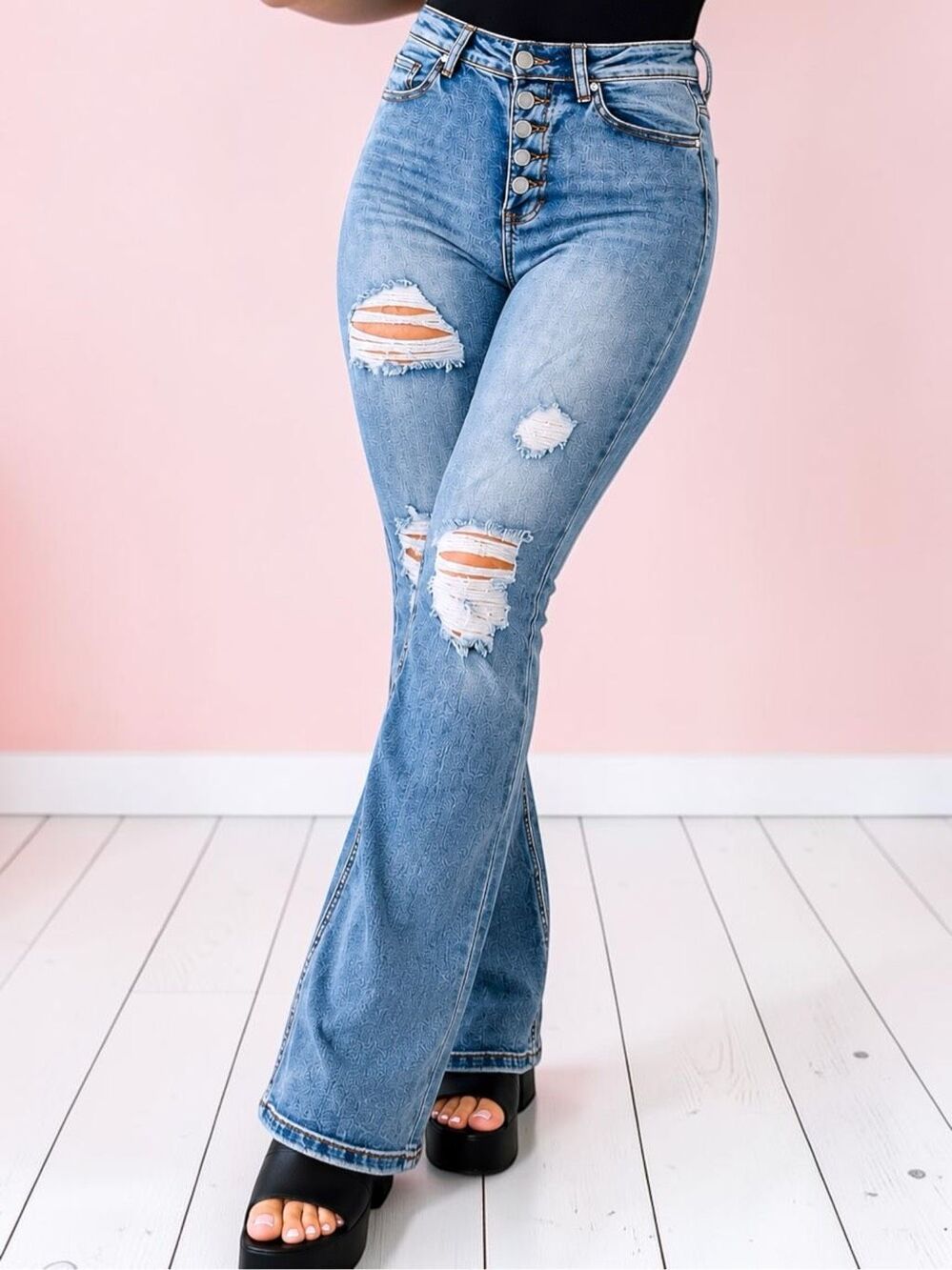Indigo Reign High Rise Button Fly Distressed Flare Jeans Med Wash Stretch Denim - Picture 4 of 14